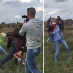 Reporter tv Ungheria sgambetta migranti